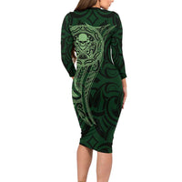 New Zealand Skull Darts Long Sleeve Bodycon Dress Aotearoa Maori Chest Tattoo Stylized Green LT14 - Polynesian Pride