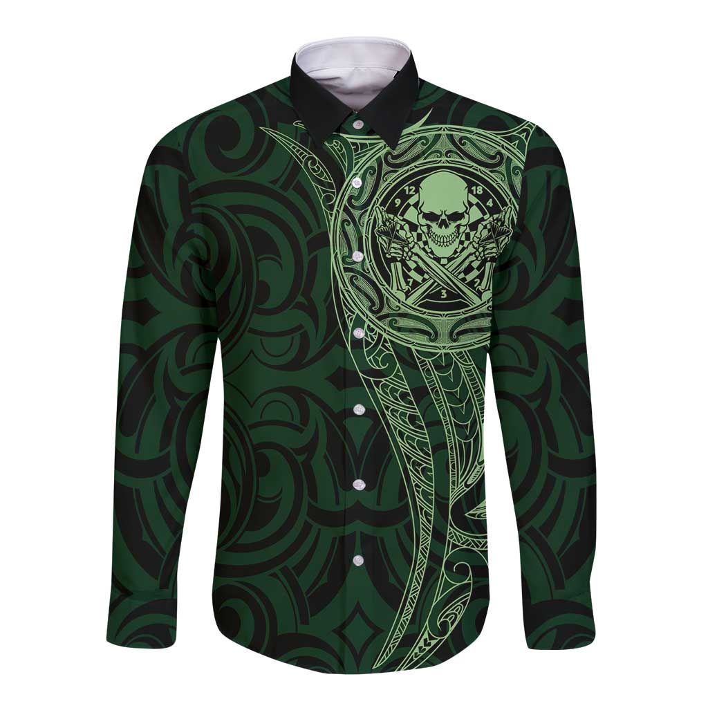New Zealand Skull Darts Long Sleeve Button Shirt Aotearoa Maori Chest Tattoo Stylized Green LT14 Unisex Green - Polynesian Pride