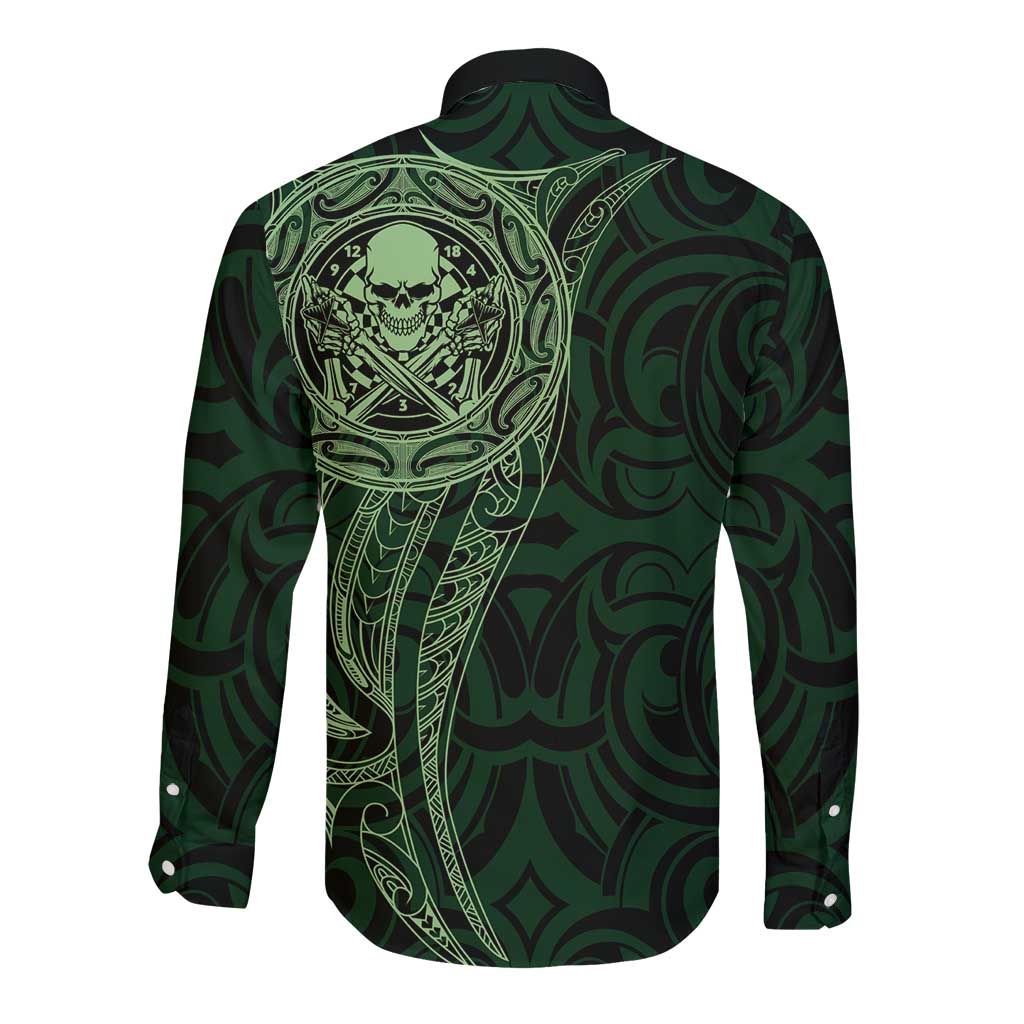 New Zealand Skull Darts Long Sleeve Button Shirt Aotearoa Maori Chest Tattoo Stylized Green LT14 - Polynesian Pride