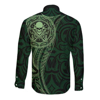 New Zealand Skull Darts Long Sleeve Button Shirt Aotearoa Maori Chest Tattoo Stylized Green LT14 - Polynesian Pride