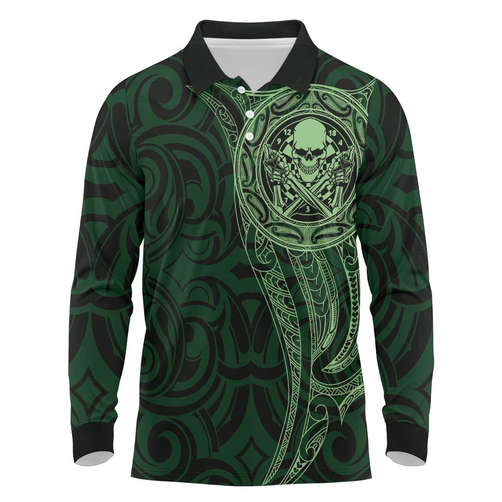 New Zealand Skull Darts Long Sleeve Polo Shirt Aotearoa Maori Chest Tattoo Stylized Green LT14 Green - Polynesian Pride