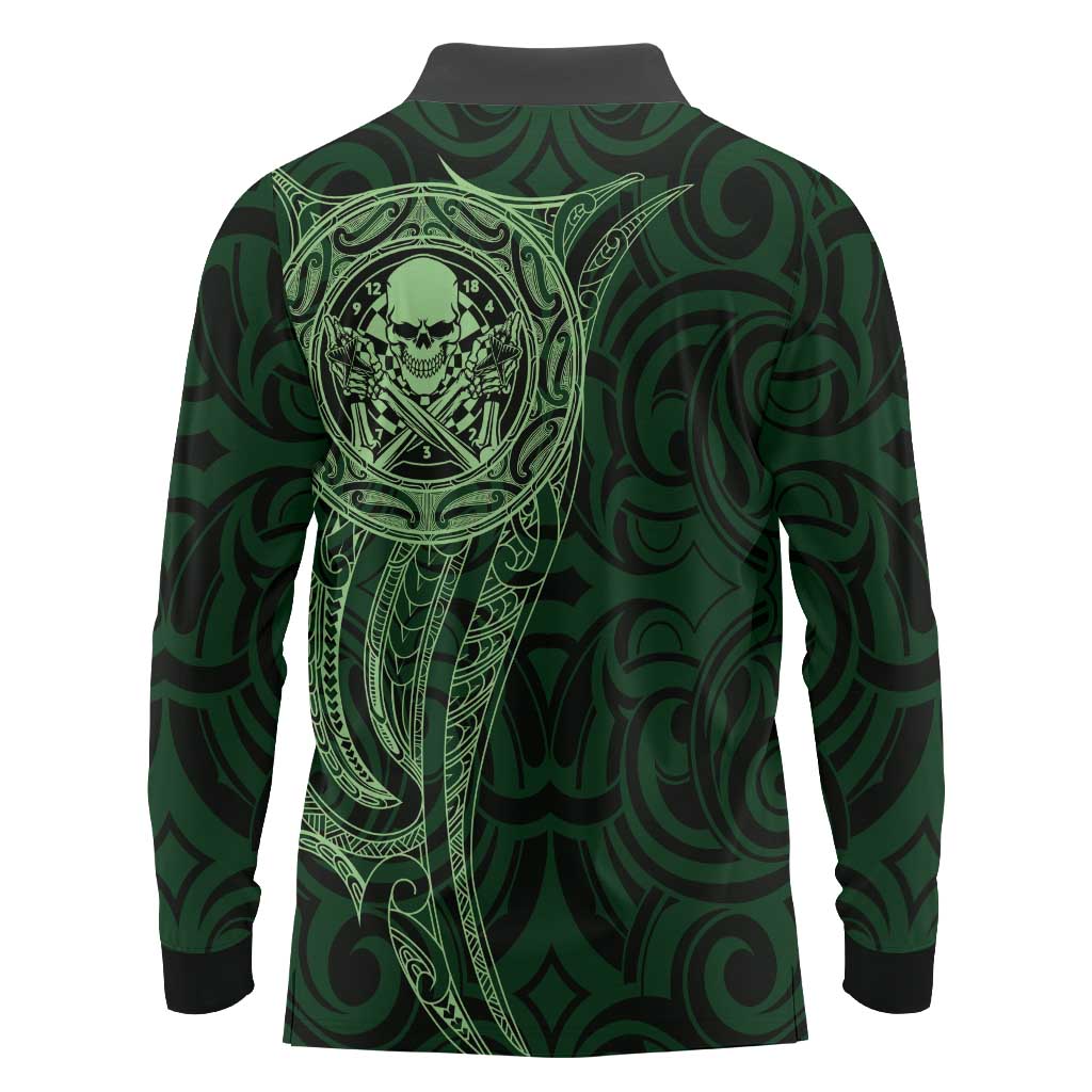 New Zealand Skull Darts Long Sleeve Polo Shirt Aotearoa Maori Chest Tattoo Stylized Green LT14 - Polynesian Pride