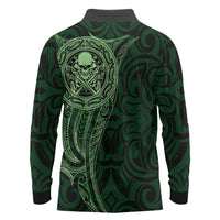 New Zealand Skull Darts Long Sleeve Polo Shirt Aotearoa Maori Chest Tattoo Stylized Green LT14 - Polynesian Pride