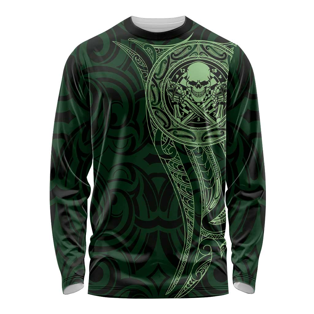 New Zealand Skull Darts Long Sleeve Shirt Aotearoa Maori Chest Tattoo Stylized Green LT14 Unisex Green - Polynesian Pride
