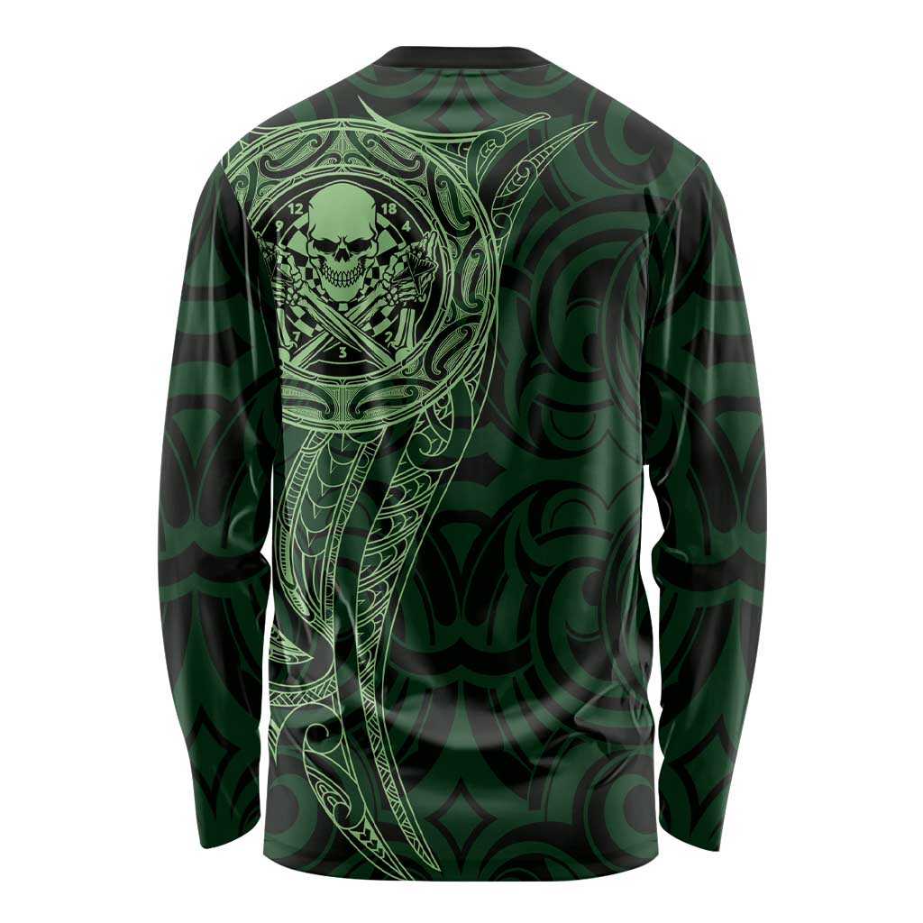 New Zealand Skull Darts Long Sleeve Shirt Aotearoa Maori Chest Tattoo Stylized Green LT14 - Polynesian Pride