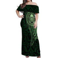 New Zealand Skull Darts Off Shoulder Maxi Dress Aotearoa Maori Chest Tattoo Stylized Green LT14 Women Green - Polynesian Pride