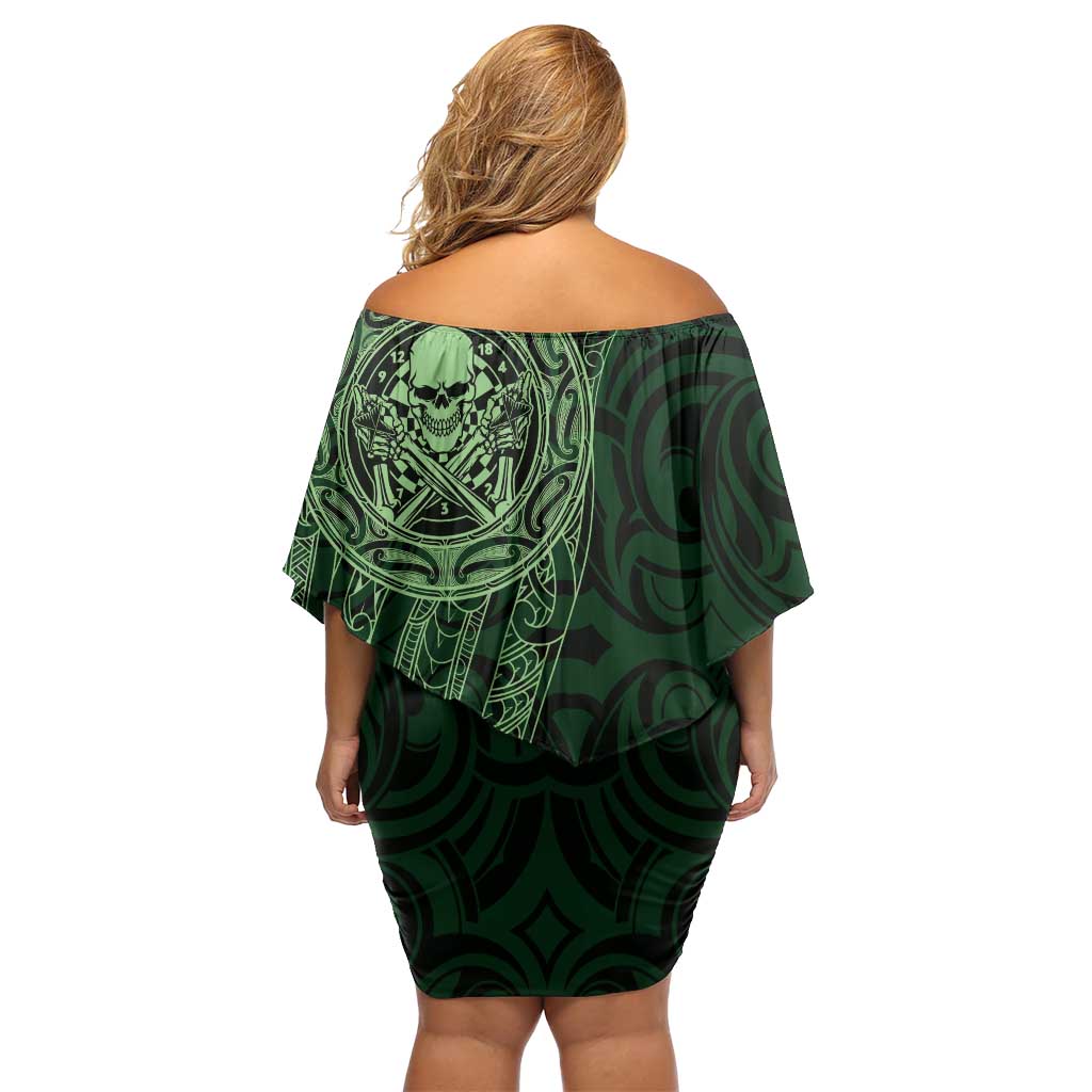 New Zealand Skull Darts Off Shoulder Short Dress Aotearoa Maori Chest Tattoo Stylized Green LT14 - Polynesian Pride