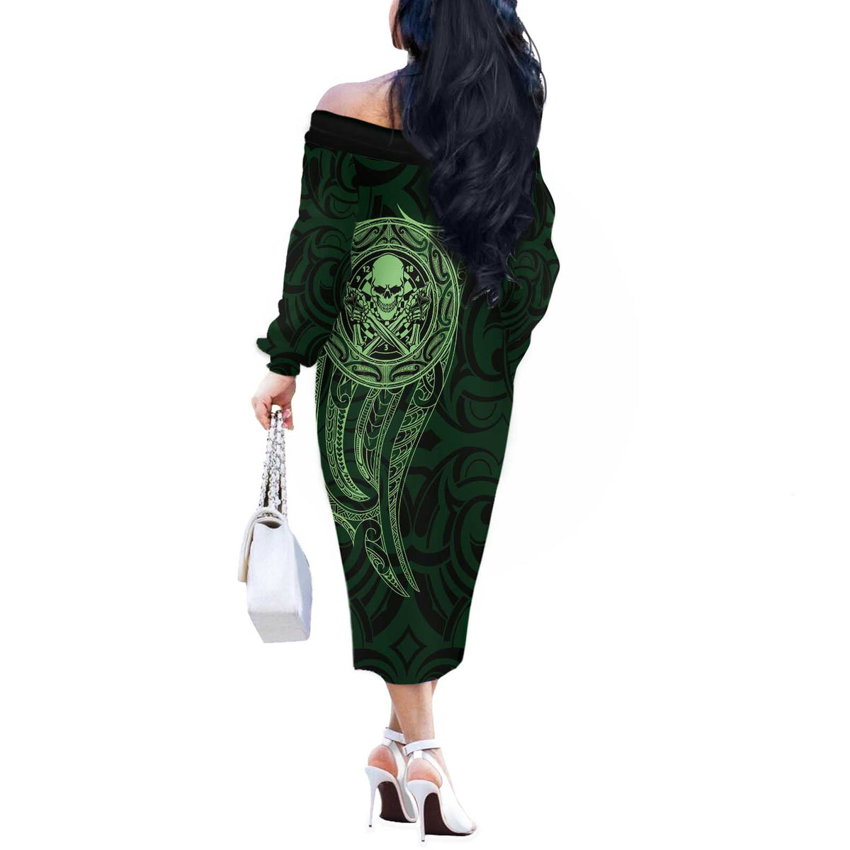 New Zealand Skull Darts Off The Shoulder Long Sleeve Dress Aotearoa Maori Chest Tattoo Stylized Green LT14 - Polynesian Pride