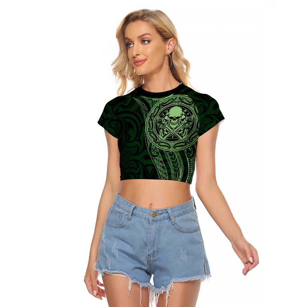 New Zealand Skull Darts Raglan Cropped T Shirt Aotearoa Maori Chest Tattoo Stylized Green LT14 Female Green - Polynesian Pride
