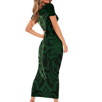 New Zealand Skull Darts Short Sleeve Bodycon Dress Aotearoa Maori Chest Tattoo Stylized Green LT14 - Polynesian Pride