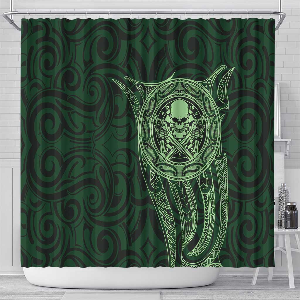 New Zealand Skull Darts Shower Curtain Aotearoa Maori Chest Tattoo Stylized Green LT14 - Polynesian Pride