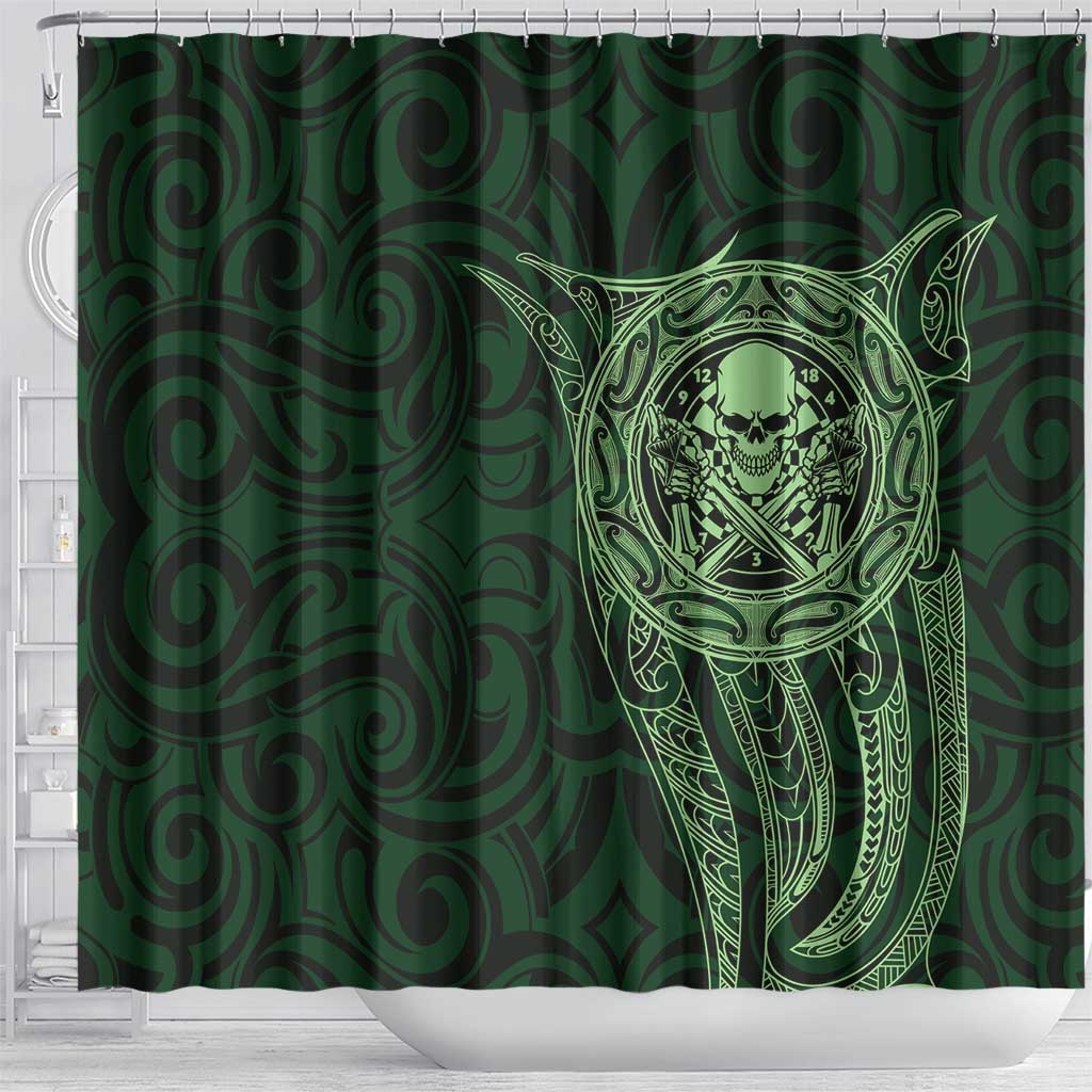 New Zealand Skull Darts Shower Curtain Aotearoa Maori Chest Tattoo Stylized Green LT14 - Polynesian Pride
