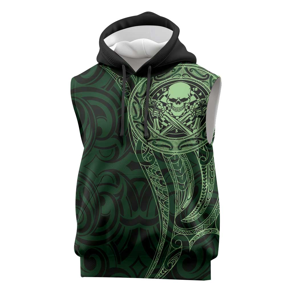 New Zealand Skull Darts Sleeveless Hoodie Aotearoa Maori Chest Tattoo Stylized Green LT14 Green - Polynesian Pride