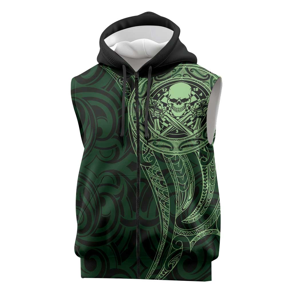 New Zealand Skull Darts Sleeveless Zip Hoodie Aotearoa Maori Chest Tattoo Stylized Green LT14 Green - Polynesian Pride