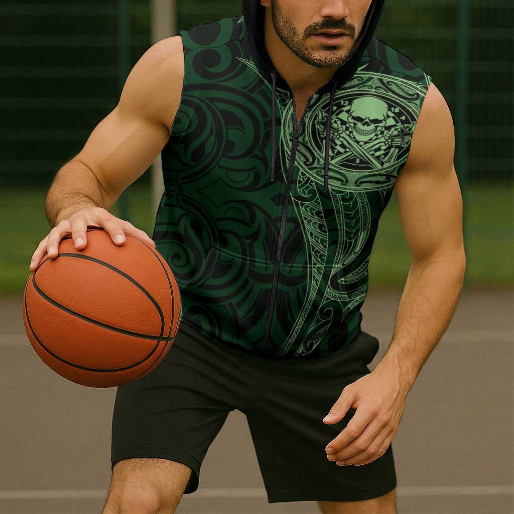 New Zealand Skull Darts Sleeveless Zip Hoodie Aotearoa Maori Chest Tattoo Stylized Green LT14 - Polynesian Pride
