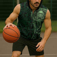 New Zealand Skull Darts Sleeveless Zip Hoodie Aotearoa Maori Chest Tattoo Stylized Green LT14 - Polynesian Pride