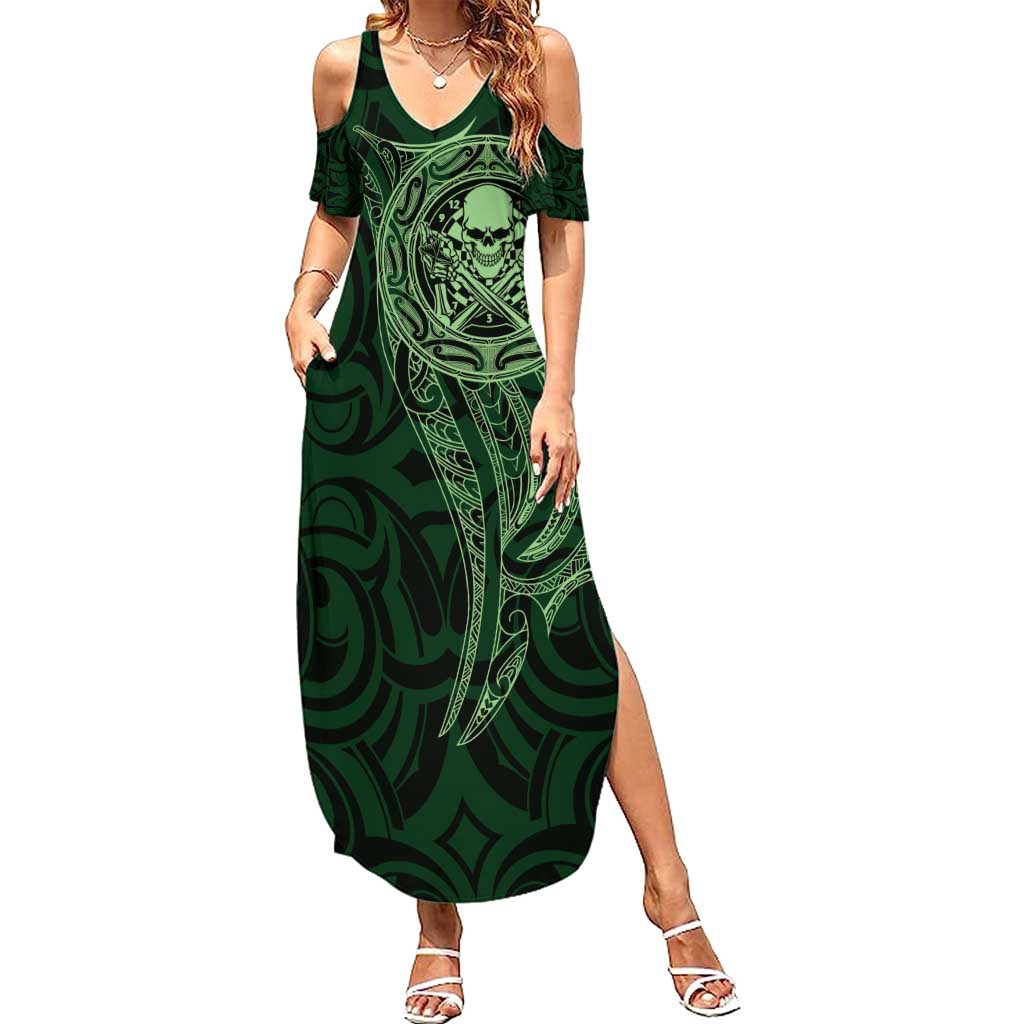 New Zealand Skull Darts Summer Maxi Dress Aotearoa Maori Chest Tattoo Stylized Green LT14 Women Green - Polynesian Pride