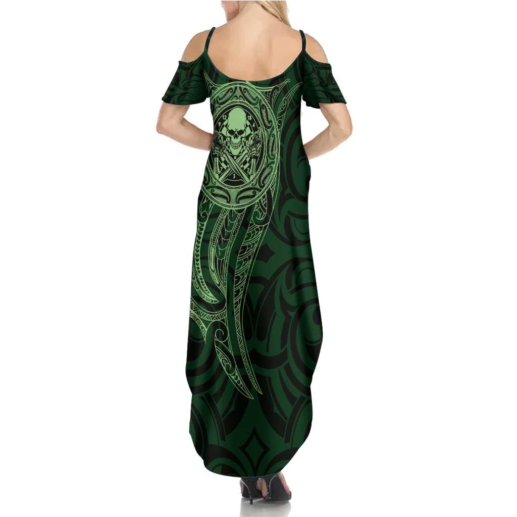 New Zealand Skull Darts Summer Maxi Dress Aotearoa Maori Chest Tattoo Stylized Green LT14 - Polynesian Pride