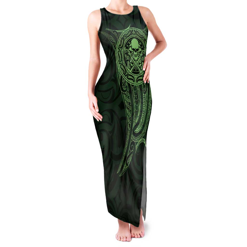 New Zealand Skull Darts Tank Maxi Dress Aotearoa Maori Chest Tattoo Stylized Green LT14 Women Green - Polynesian Pride