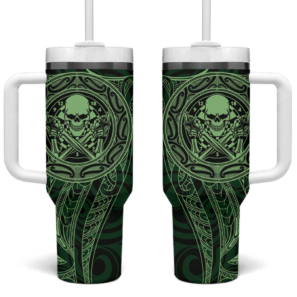 New Zealand Skull Darts Tumbler With Handle Aotearoa Maori Chest Tattoo Stylized Green LT14 One Size: 40 oz Green - Polynesian Pride