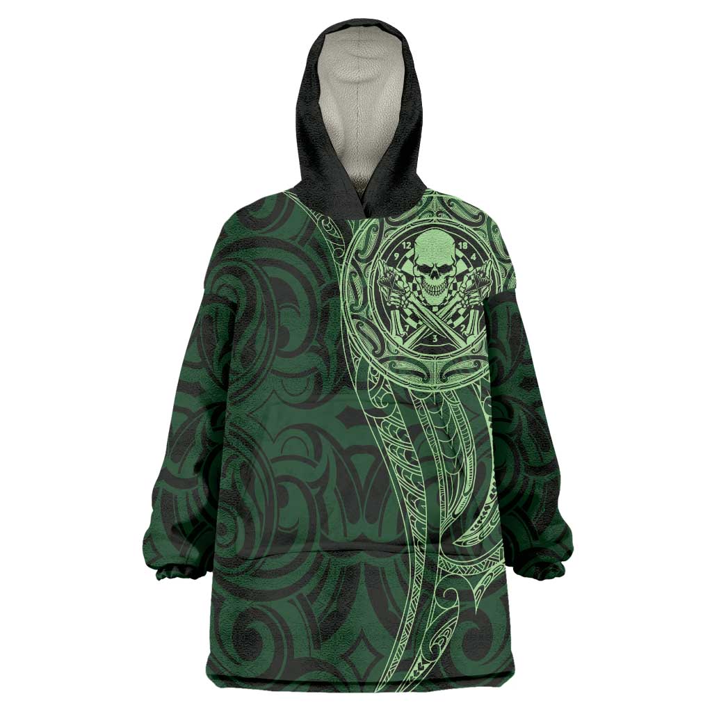 New Zealand Skull Darts Wearable Blanket Hoodie Aotearoa Maori Chest Tattoo Stylized Green LT14 One Size Green - Polynesian Pride