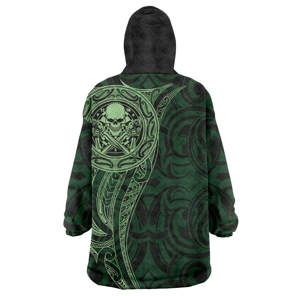 New Zealand Skull Darts Wearable Blanket Hoodie Aotearoa Maori Chest Tattoo Stylized Green LT14 - Polynesian Pride