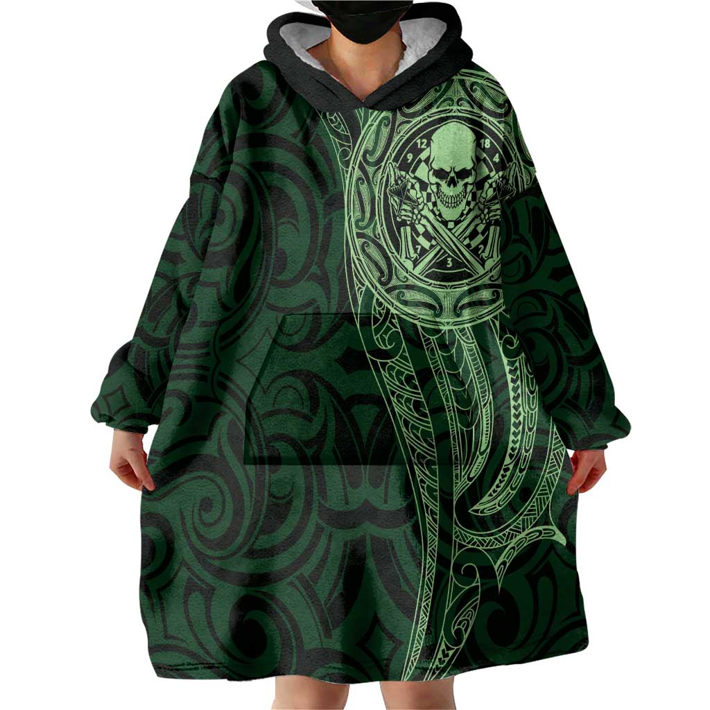 New Zealand Skull Darts Wearable Blanket Hoodie Aotearoa Maori Chest Tattoo Stylized Green LT14 - Polynesian Pride