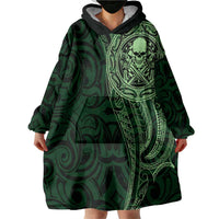 New Zealand Skull Darts Wearable Blanket Hoodie Aotearoa Maori Chest Tattoo Stylized Green LT14 - Polynesian Pride