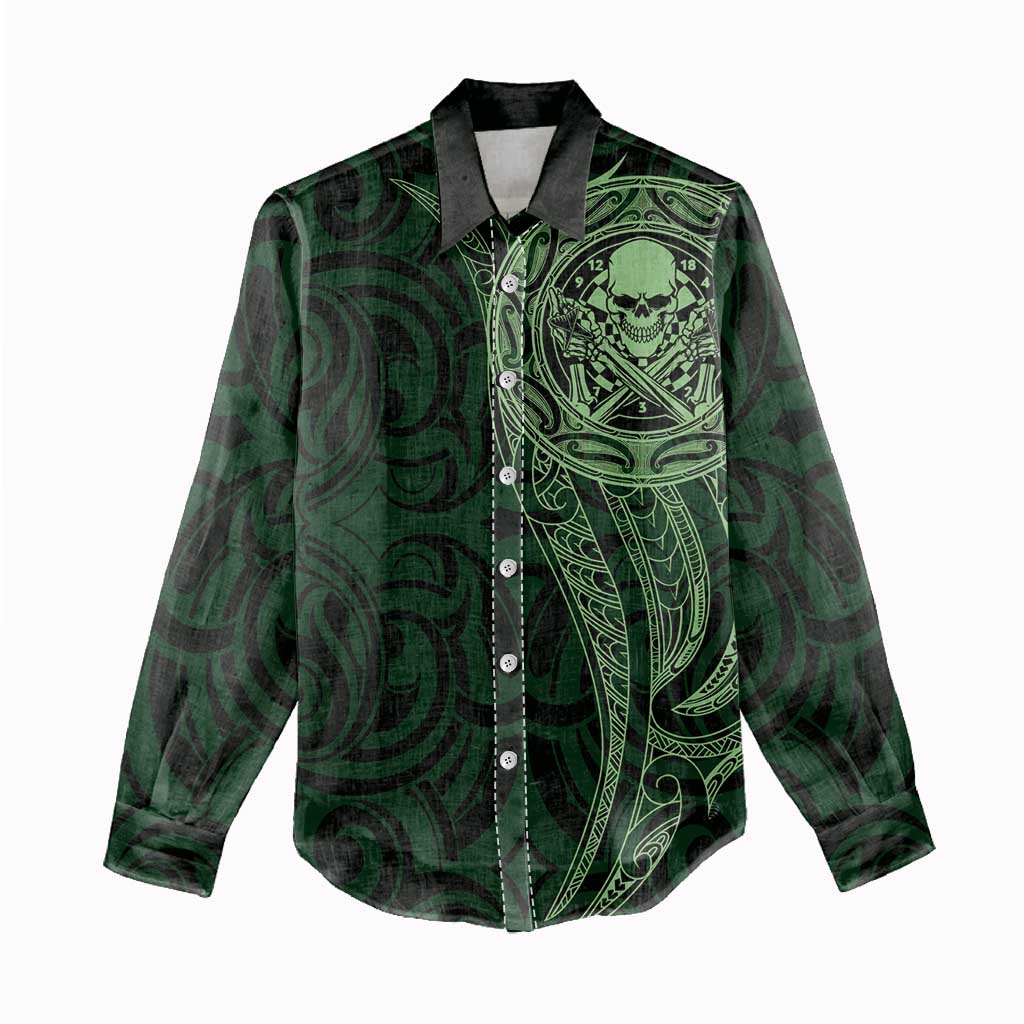 New Zealand Skull Darts Women Casual Shirt Aotearoa Maori Chest Tattoo Stylized Green - Polynesian Pride
