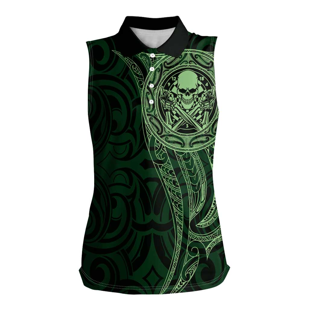 New Zealand Skull Darts Women Sleeveless Polo Shirt Aotearoa Maori Chest Tattoo Stylized Green LT14 Female Green - Polynesian Pride