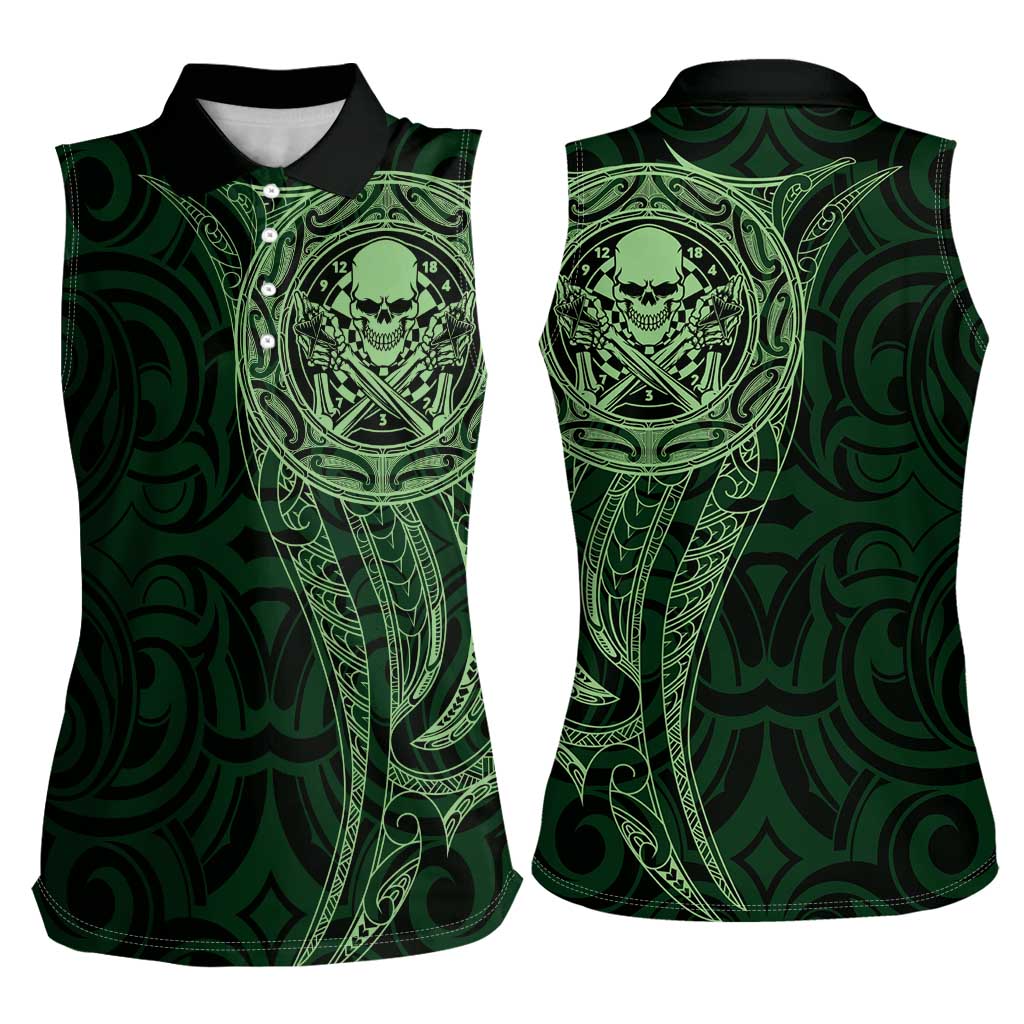 New Zealand Skull Darts Women Sleeveless Polo Shirt Aotearoa Maori Chest Tattoo Stylized Green LT14 - Polynesian Pride