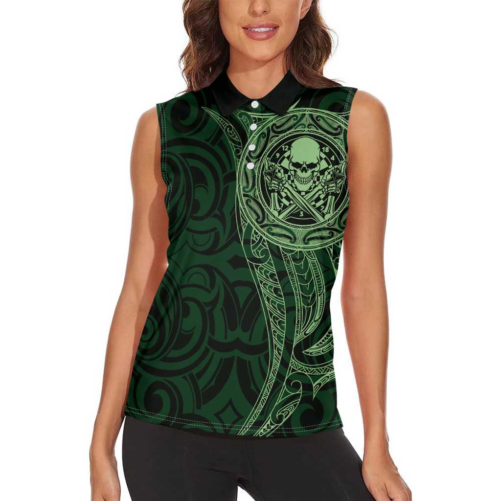 New Zealand Skull Darts Women Sleeveless Polo Shirt Aotearoa Maori Chest Tattoo Stylized Green LT14 - Polynesian Pride
