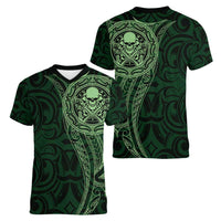 New Zealand Skull Darts Women V-Neck T-Shirt Aotearoa Maori Chest Tattoo Stylized Green LT14 - Polynesian Pride