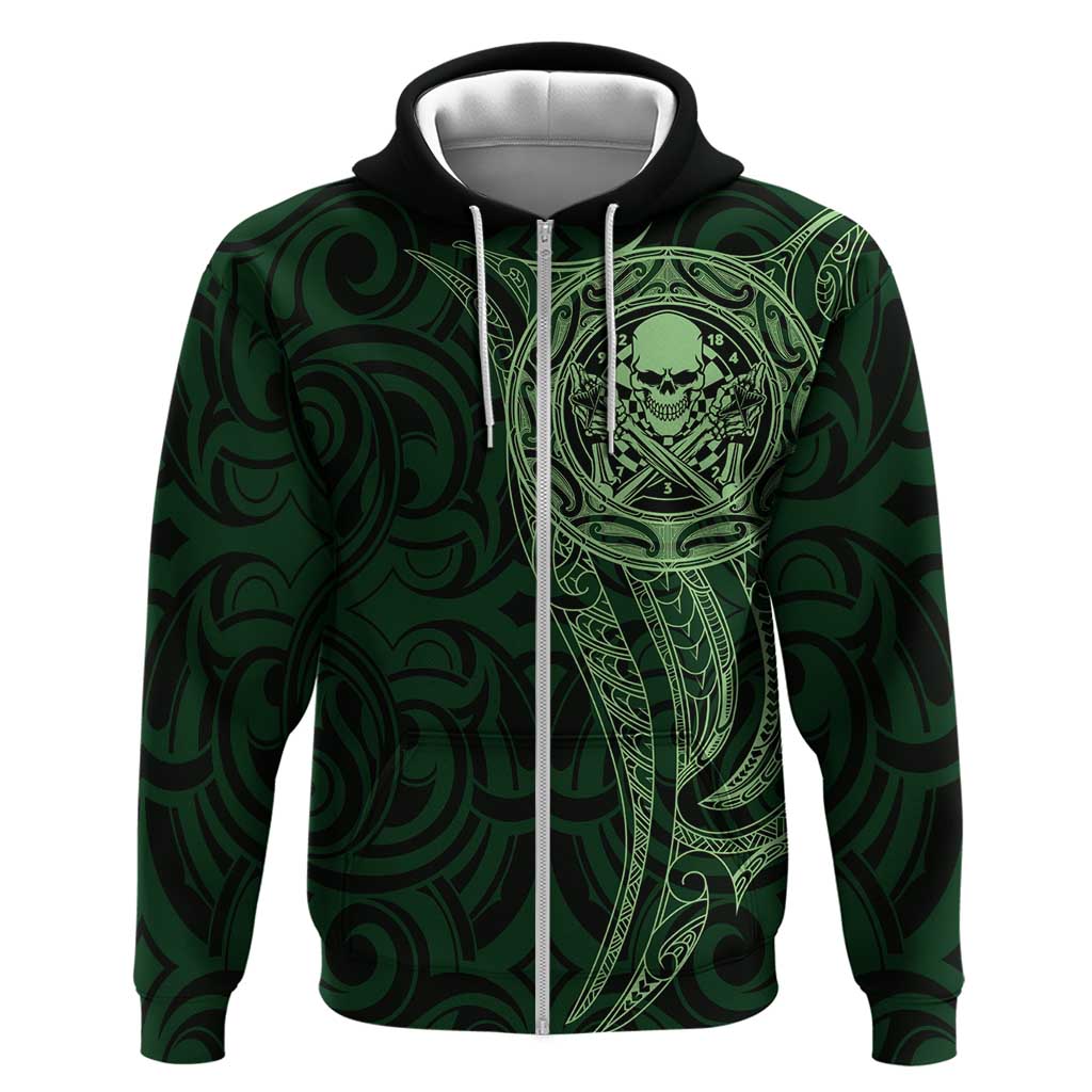 New Zealand Skull Darts Zip Hoodie Aotearoa Maori Chest Tattoo Stylized Green LT14 Zip Hoodie Green - Polynesian Pride