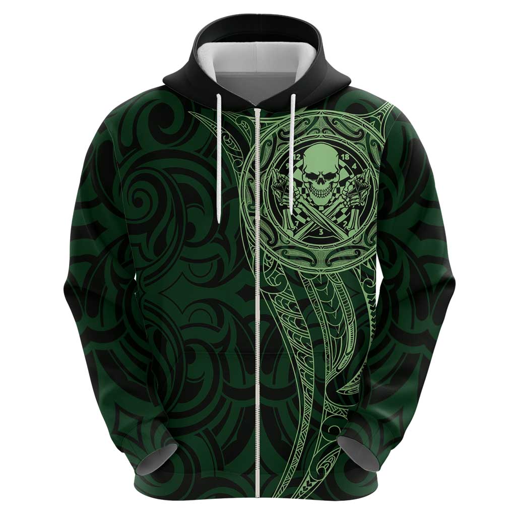 New Zealand Skull Darts Zip Hoodie Aotearoa Maori Chest Tattoo Stylized Green LT14 - Polynesian Pride