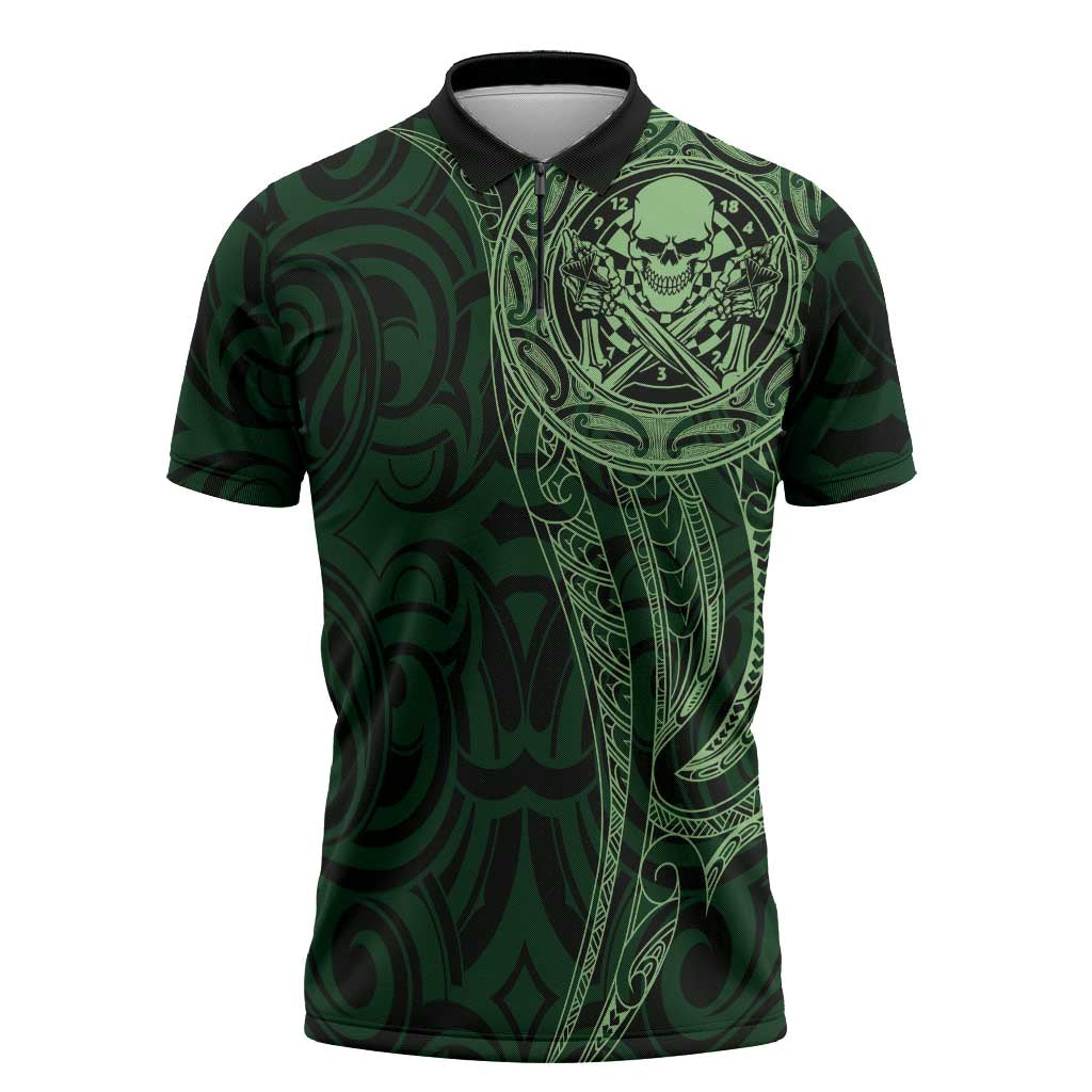 New Zealand Skull Darts Zipper Polo Shirt Aotearoa Maori Chest Tattoo Stylized Green LT14 Green - Polynesian Pride