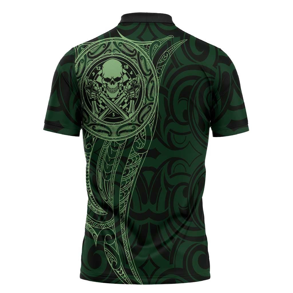 New Zealand Skull Darts Zipper Polo Shirt Aotearoa Maori Chest Tattoo Stylized Green LT14 - Polynesian Pride