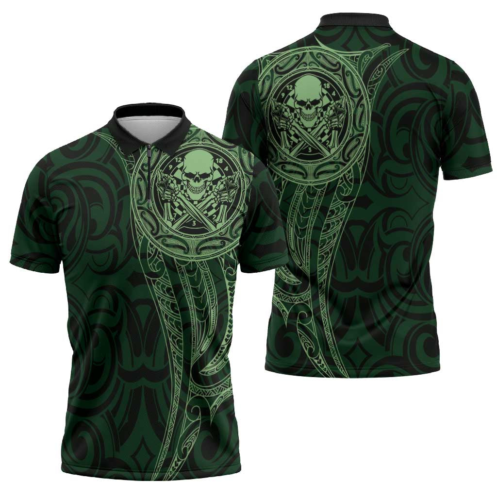 New Zealand Skull Darts Zipper Polo Shirt Aotearoa Maori Chest Tattoo Stylized Green LT14 - Polynesian Pride