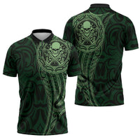 New Zealand Skull Darts Zipper Polo Shirt Aotearoa Maori Chest Tattoo Stylized Green LT14 - Polynesian Pride