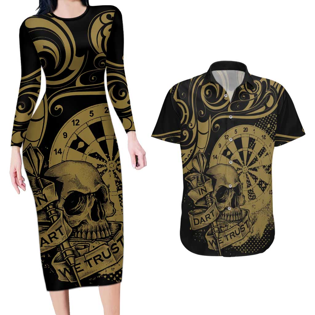 New Zealand Darts Couples Matching Long Sleeve Bodycon Dress and Hawaiian Shirt Skull In Dart We Trust Maori Pattern LT14 Gold - Polynesian Pride