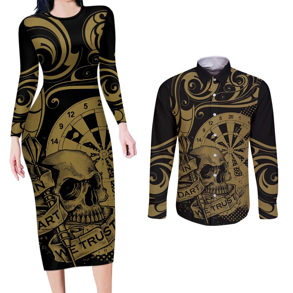 New Zealand Darts Couples Matching Long Sleeve Bodycon Dress and Long Sleeve Button Shirt Skull In Dart We Trust Maori Pattern LT14 Gold - Polynesian Pride