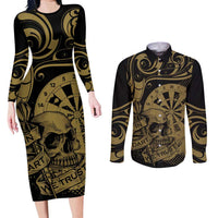 New Zealand Darts Couples Matching Long Sleeve Bodycon Dress and Long Sleeve Button Shirt Skull In Dart We Trust Maori Pattern LT14 Gold - Polynesian Pride