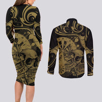 New Zealand Darts Couples Matching Long Sleeve Bodycon Dress and Long Sleeve Button Shirt Skull In Dart We Trust Maori Pattern LT14 - Polynesian Pride