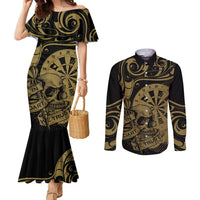 New Zealand Darts Couples Matching Mermaid Dress and Long Sleeve Button Shirt Skull In Dart We Trust Maori Pattern LT14 Gold - Polynesian Pride