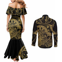 New Zealand Darts Couples Matching Mermaid Dress and Long Sleeve Button Shirt Skull In Dart We Trust Maori Pattern LT14 - Polynesian Pride