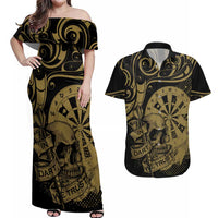 New Zealand Darts Couples Matching Off Shoulder Maxi Dress and Hawaiian Shirt Skull In Dart We Trust Maori Pattern LT14 Gold - Polynesian Pride