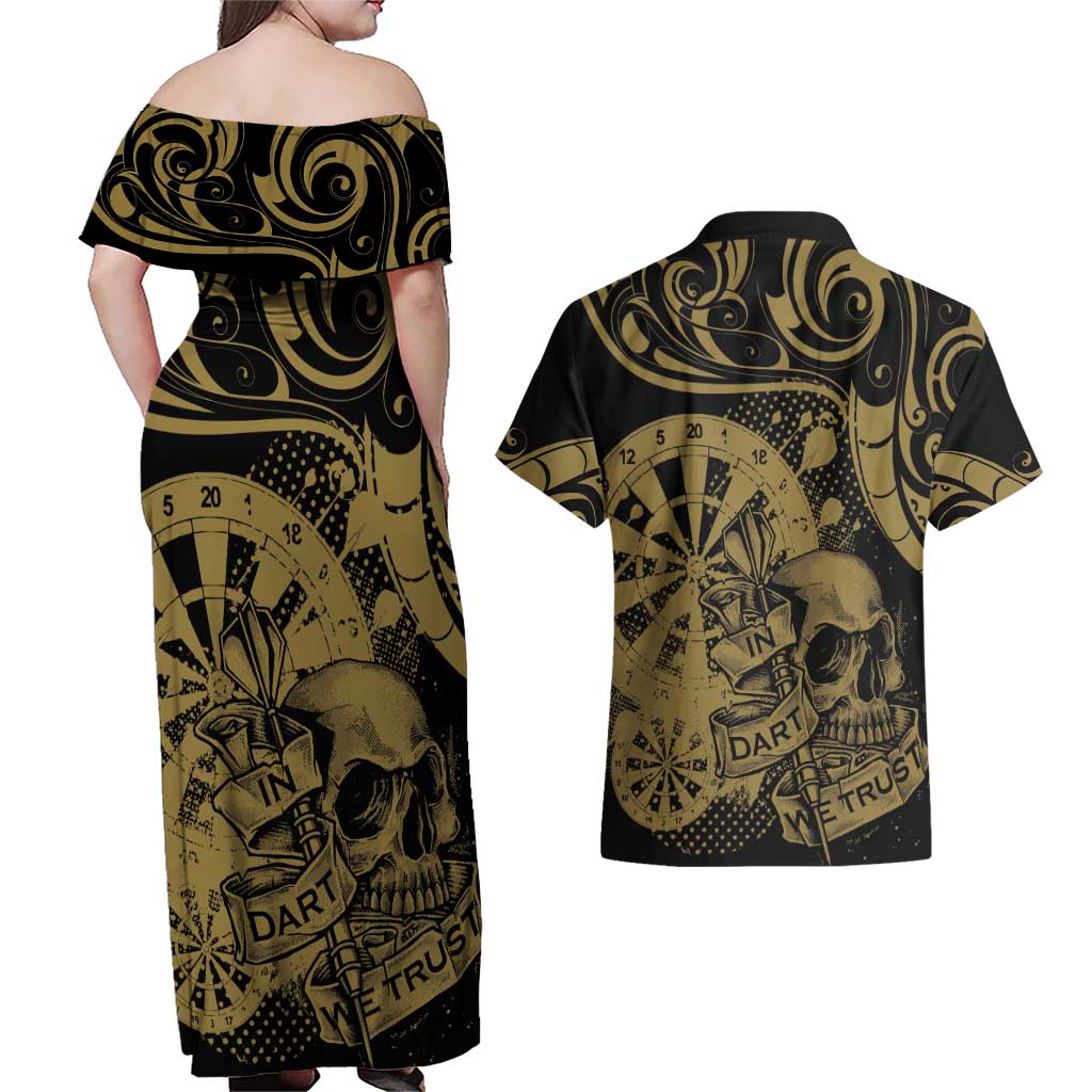 New Zealand Darts Couples Matching Off Shoulder Maxi Dress and Hawaiian Shirt Skull In Dart We Trust Maori Pattern LT14 - Polynesian Pride