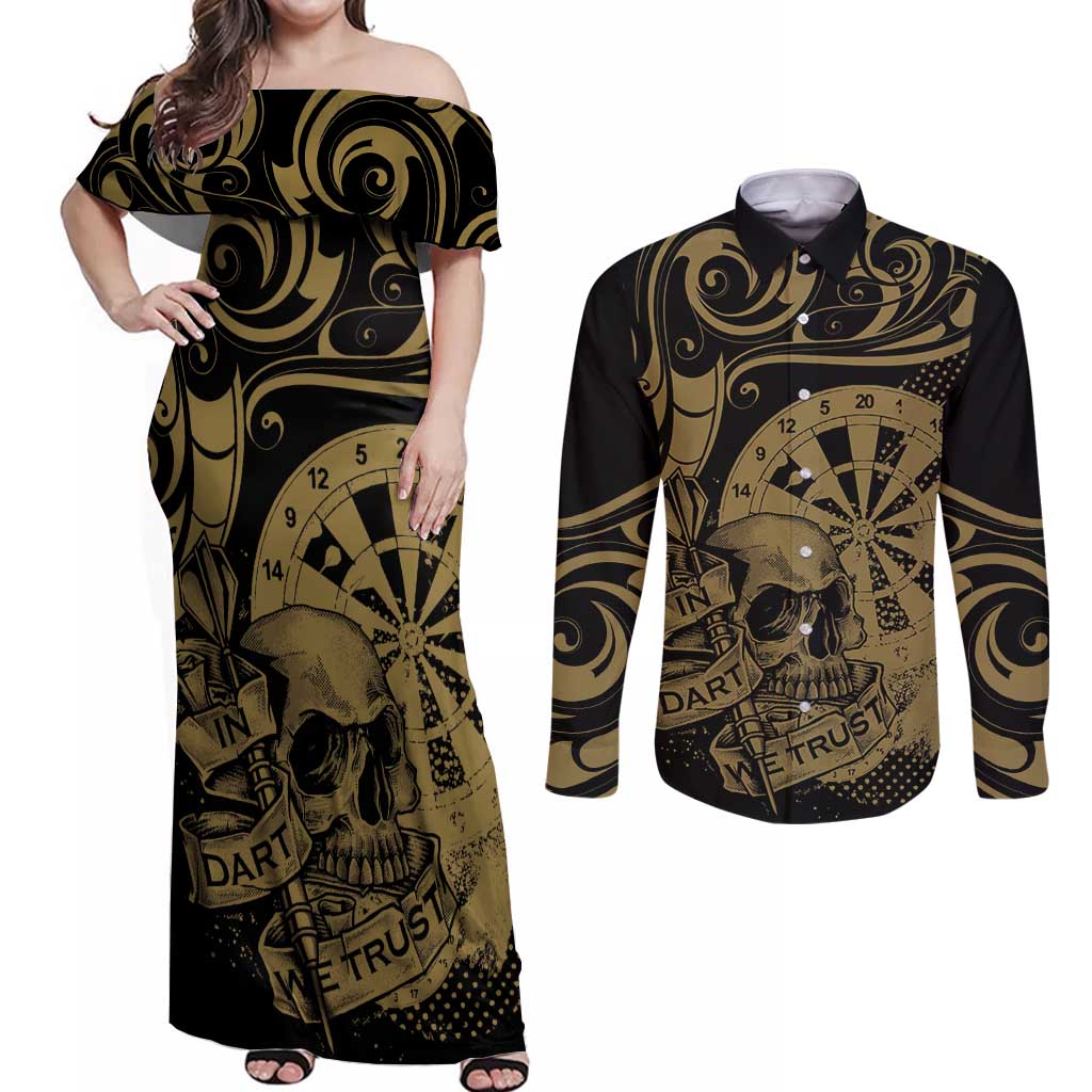 New Zealand Darts Couples Matching Off Shoulder Maxi Dress and Long Sleeve Button Shirt Skull In Dart We Trust Maori Pattern LT14 Gold - Polynesian Pride