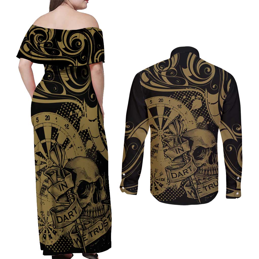 New Zealand Darts Couples Matching Off Shoulder Maxi Dress and Long Sleeve Button Shirt Skull In Dart We Trust Maori Pattern LT14 - Polynesian Pride
