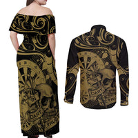 New Zealand Darts Couples Matching Off Shoulder Maxi Dress and Long Sleeve Button Shirt Skull In Dart We Trust Maori Pattern LT14 - Polynesian Pride